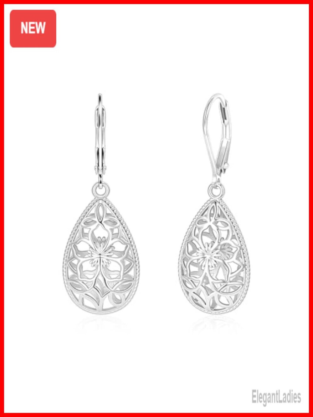 Silver Plated Brass Filigree Teardrop Leverback Dangle Earrings